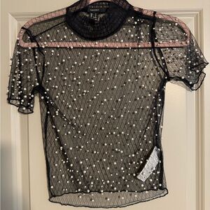 Forever 21 Black Mesh Top with Pearl Details